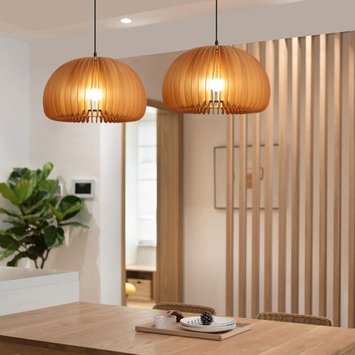 Pumpkin Ceiling Pendant Lamp Nordic Style Wood Dinning Room Suspension Pendant in Beige