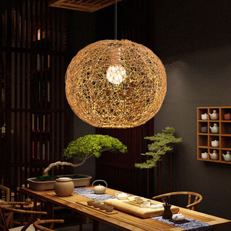 Restaurant Pendant Light Kit Asia Style Beige Hanging Ceiling Light with Globe Rattan Shade