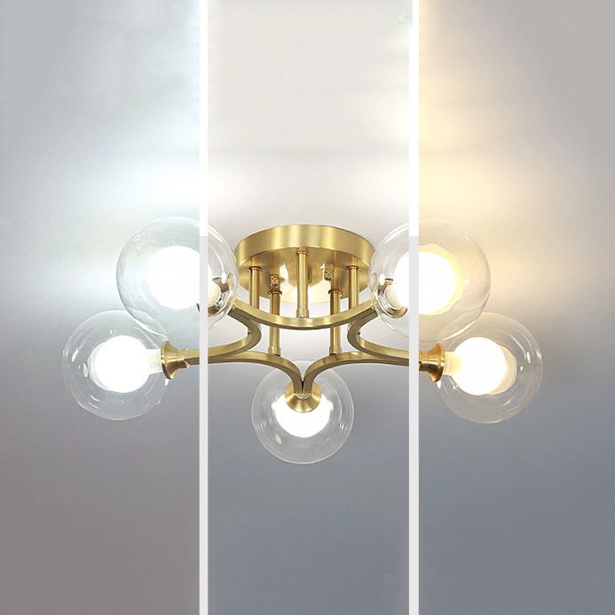 Sphere Bedroom Semi Flush Mount Light Glass Nordic Style Ceiling Light in Gold
