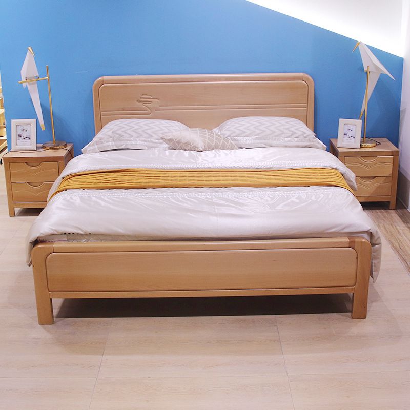 Rectangular Natural Standard Bed Mid-Century Modern Beech Panel Bed