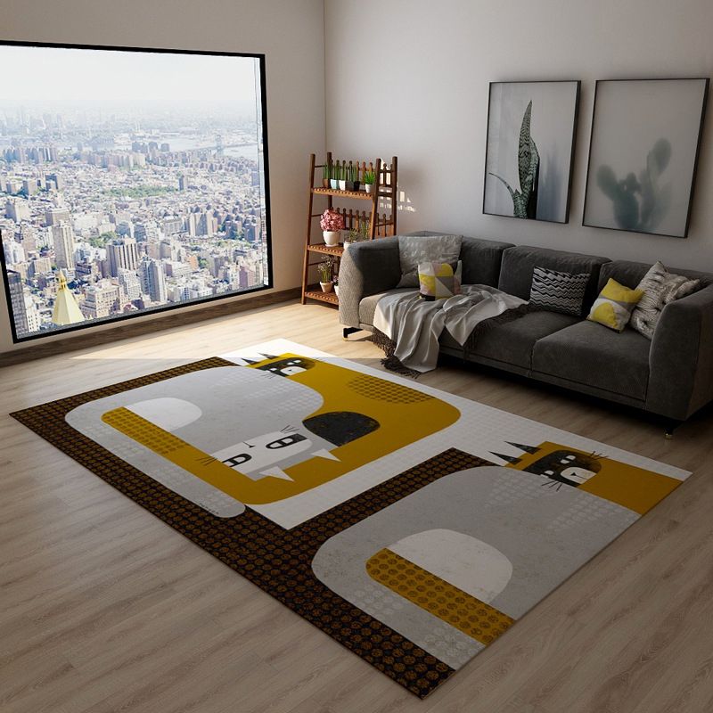 Yellow Machine Washable Area Rug with Cat Pattern Modernist Polyester Parlor Area Rug