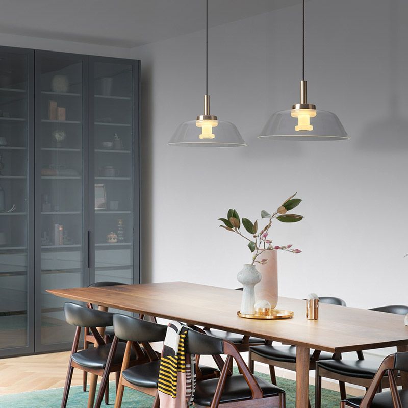 Éclairage pendentif en verre transparent LED moderne lampe de plafond suspendue en chrome poli pour la salle de dinging