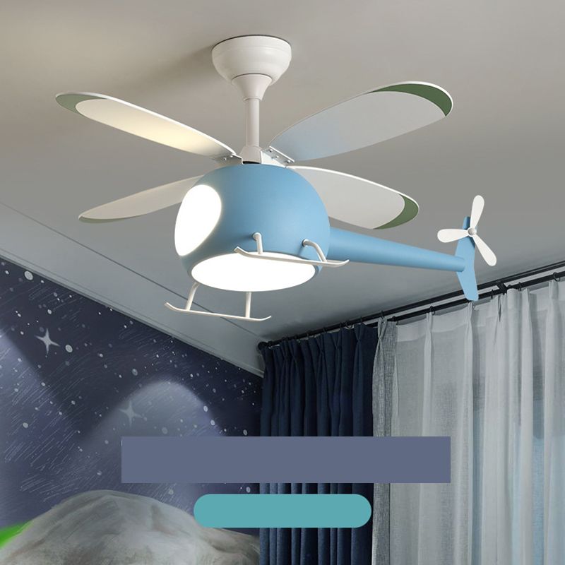 4-Blade Helicopter Pendant Fan Lighting Kids Style Metal LED Semi Flush Ceiling Light with Remote