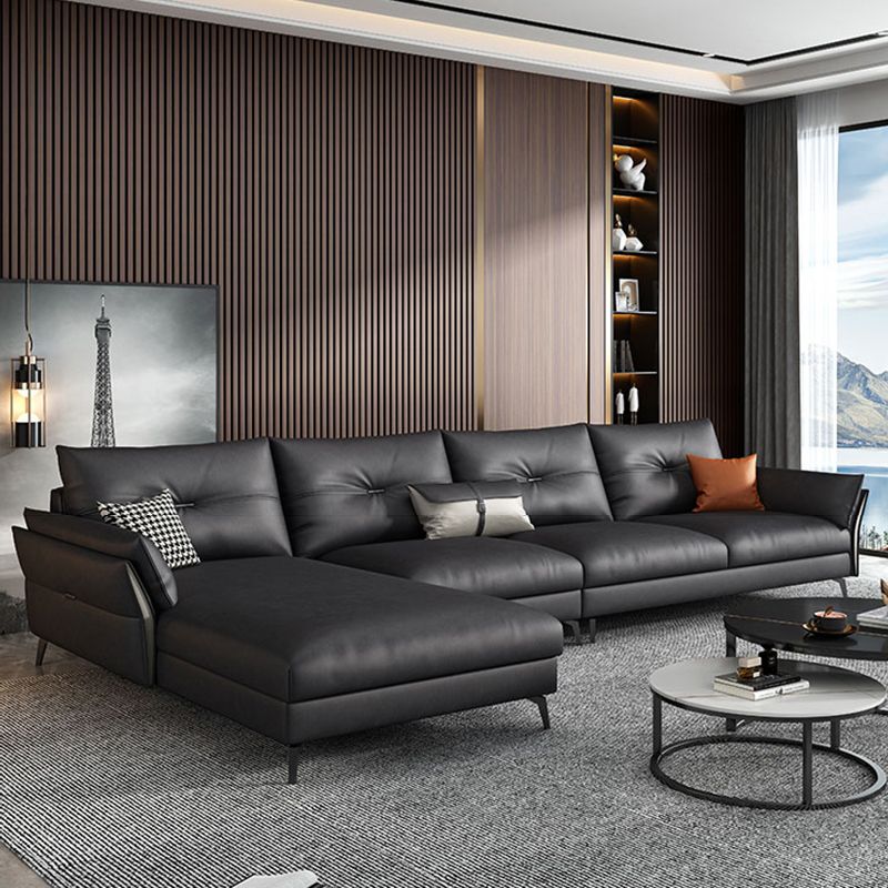 Mid Century Faux Leather Sectional Flared Arm Sectional Set in Black