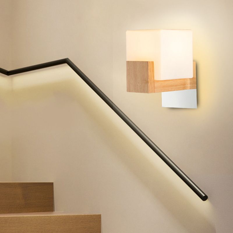 Kubus bedmuur sconce lamp wit glas enkele moderne stijl wandverlichting met houten achterplaat
