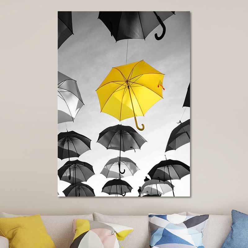 Photo Print Floating Umbrellas Canvas Textured Modern Bedroom Wall Art in Yellow-Black