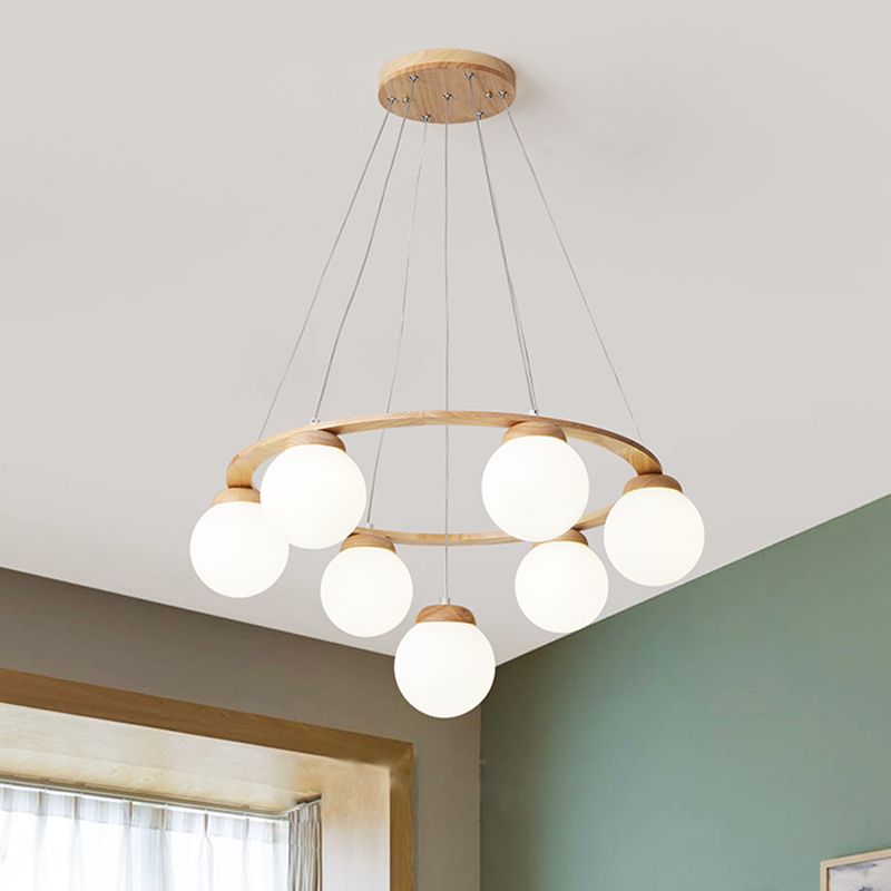 Houten cirkelvormige kroonluchter eenvoud hangend licht met bol wit glazen schaduw