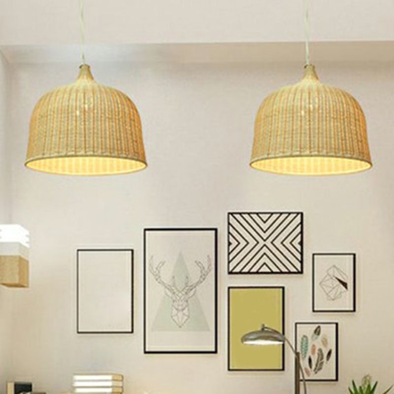 Modern Cloche Shaped Hanging Lamp Bamboo 1-Light Bedroom Ceiling Light Fixture in Wood