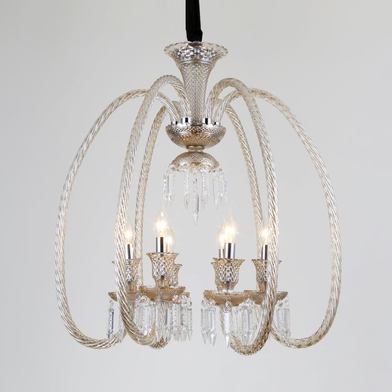 6/8 Heads Hanging Chandelier Antique Living Room Pendant with Curving Cognac Glass Arm and Clear Crystal Drop