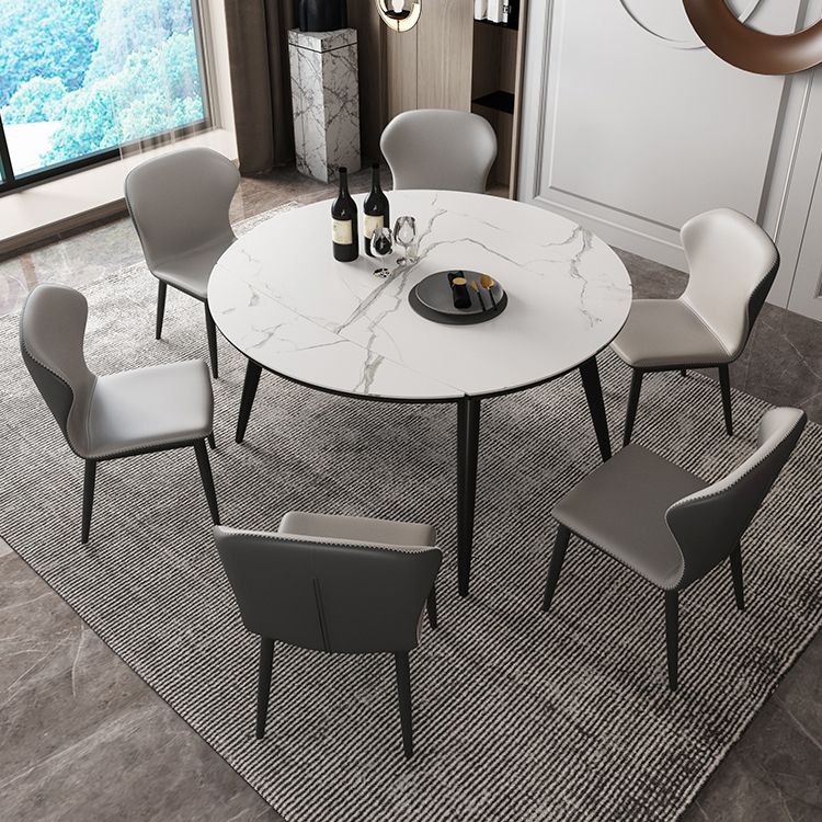 Simplicity Round Dining Table White Sintered Stone Table with 4 Ash Solid Wood Legs