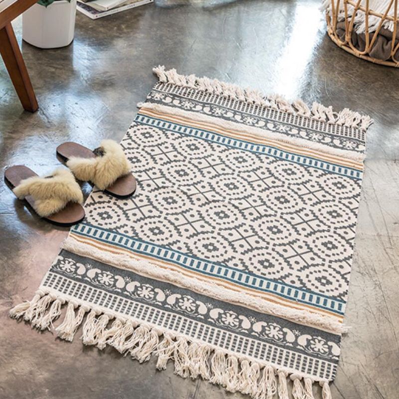 Bohemian Cotton Blend Area Carpet Tribal Print Indoor Rug Fringe Area Rug for Home Decor