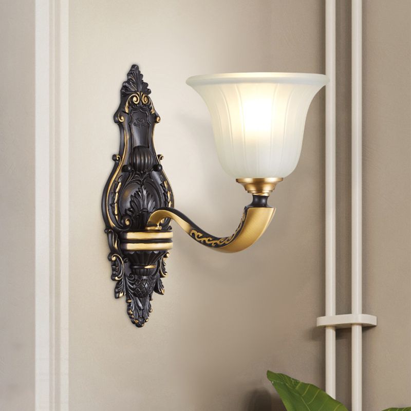 1/2-Bulb Bell Wall Mount Light Vintage Black and Gold Frosted White Glass Sconce for Bedroom