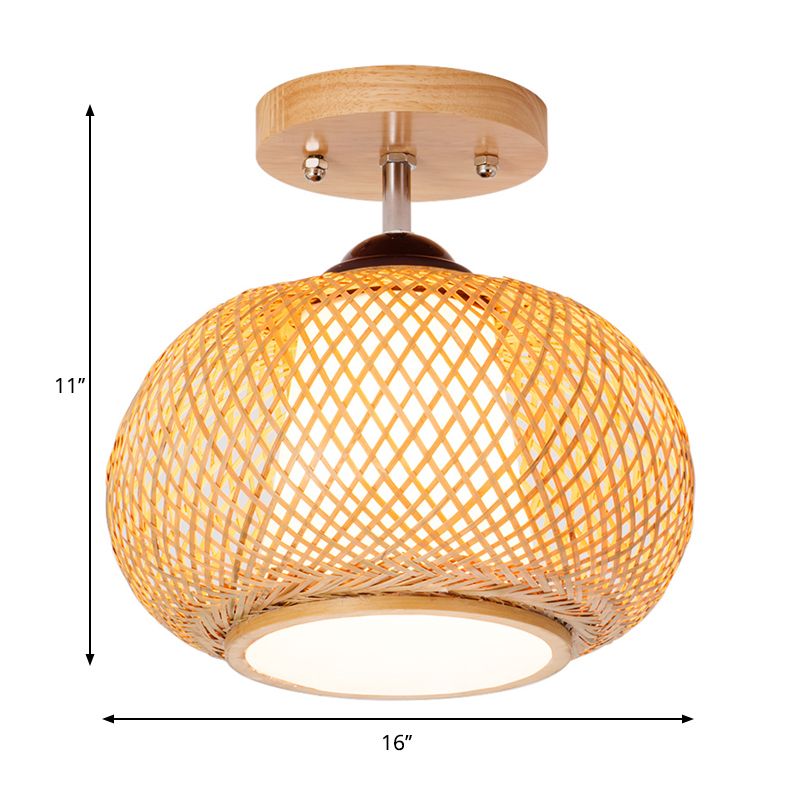 10 "/14" /16 " Lantern Wide Lantern Semi Flush Mount Traditional Bamboo Wood 1 Bulb Flush Mount Ceiling Fixture