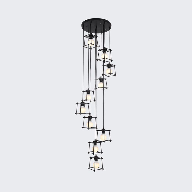 Cube Cage Stair Pendant Lighting Minimalist Metallic 10 Bulbs Black Multi Light Chandelier