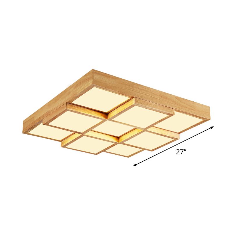 Natuurlijke Houten Vierkante Flush Licht Moderne 4/6/9-Licht Houten LED Plafond Lamp in Warm/Wit/Natuurlijk Licht