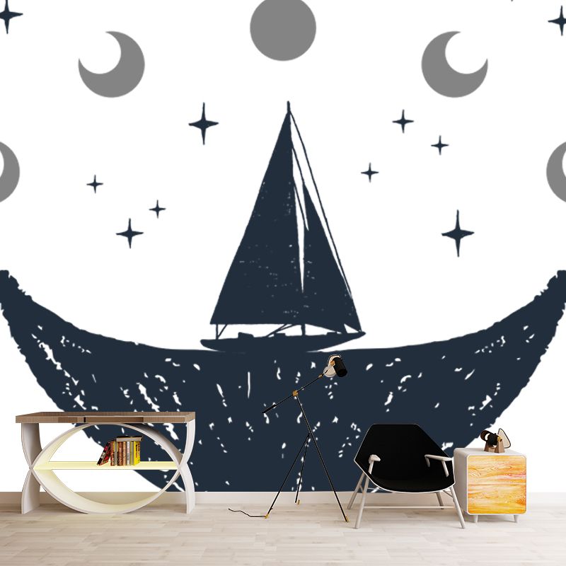 Custom Illustration Novelty Mural with Moon and Whale Tail Pattern in Black-White