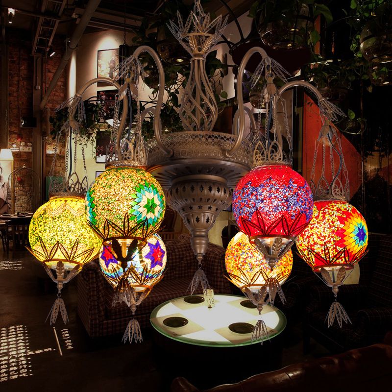 6 Lights Globe Hanging Chandelier Moroccan Brass Cut Glass Suspension Pendant for Dining Room
