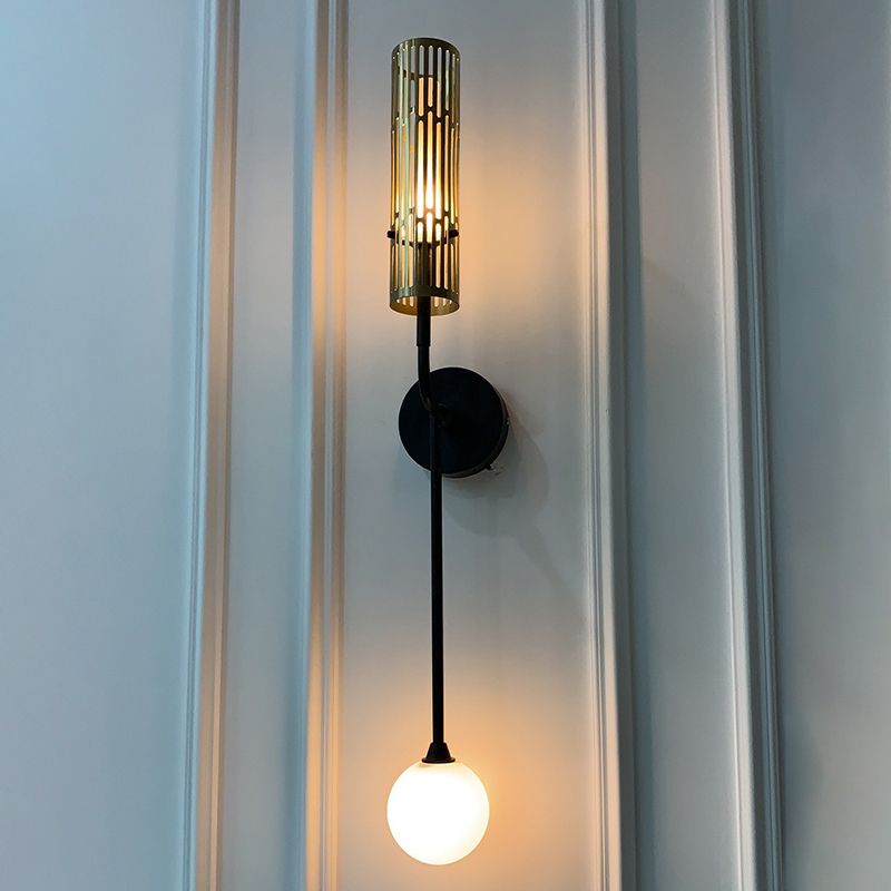 Frosted Glass Black Sconce Lamp Global 2-Head Traditional Wall Lighting Idea with Tube Frame Design