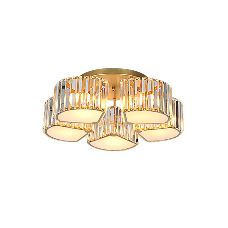 5/7-Head Semi Flush Mount Light with Shell/Square Shade Crystal Modernism Dining Room Ceiling Light Fixture in Gold