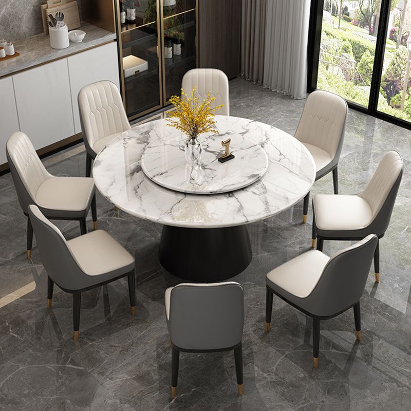 White Round Stone Dining Table Modern Convertible Furniture with Pedestal Base for Home