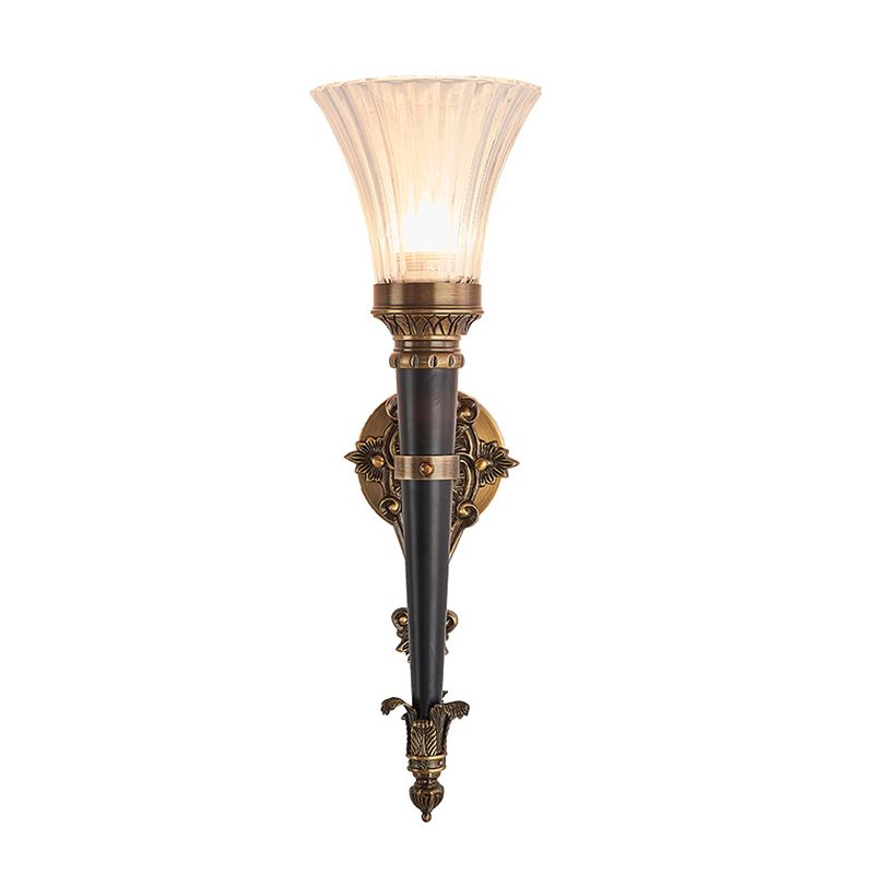 1 Light Wall Lighting Lodge Flared Prismatic Translucent Glass Wall Sconce Lamp in Brass with Pencil Arm