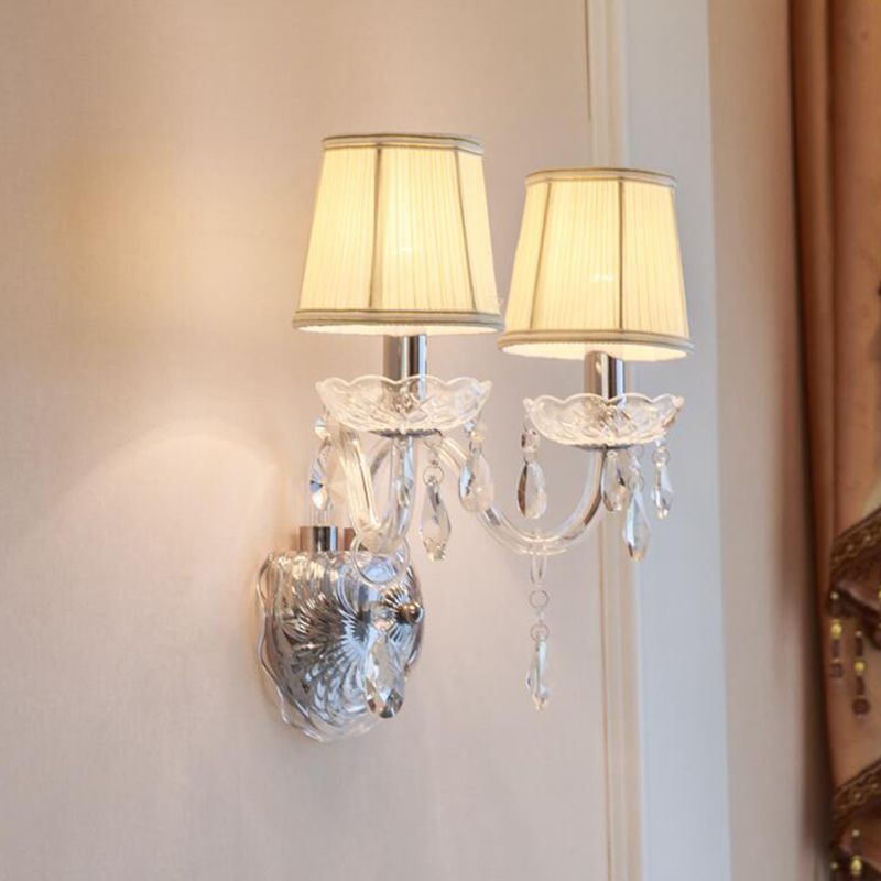 Gathered Fabric Tapered Sconce Light Modernism 2 Heads Bedside Wall Mounted Lamp with Clear Curved Glass Tube Arm