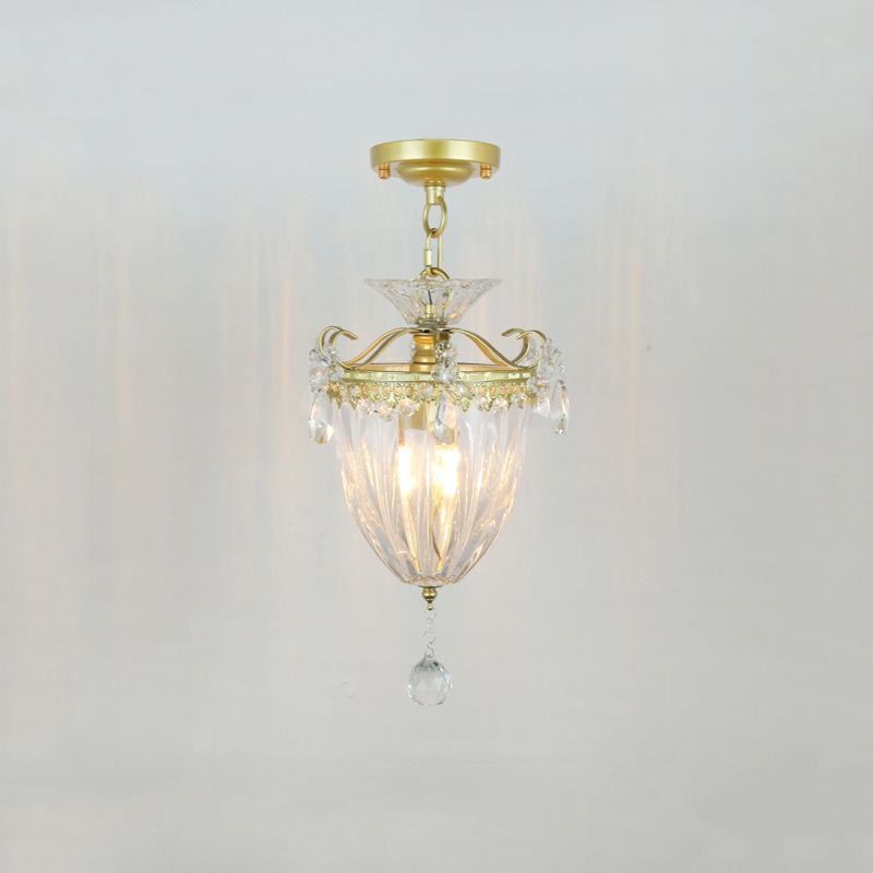 Metal Geometrical Semi Flush Traditional 1 Light Corridor Crystal Ceiling Mounted Fixture in Brass