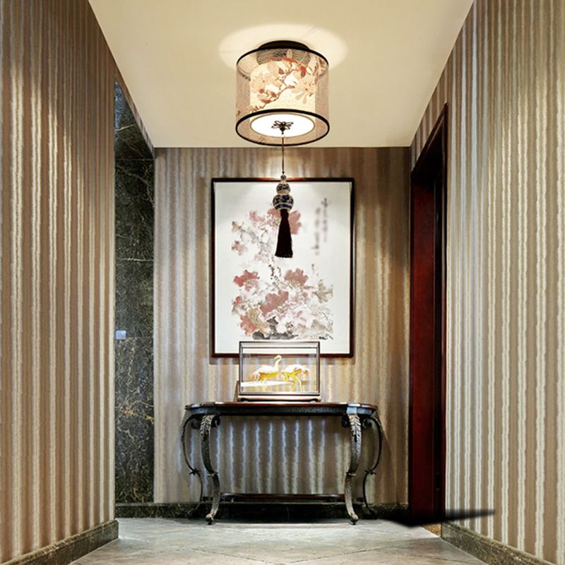 Quadratisch/Rund Flush Mount Licht Stoff Schatten Chinesische Stil Bündig Deckenleuchte
