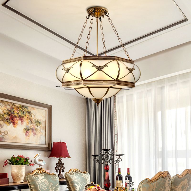 Brass 4 Heads Semi Flush Mount Lighting Traditional White Opal Glass Drum Close to Ceiling Lamp