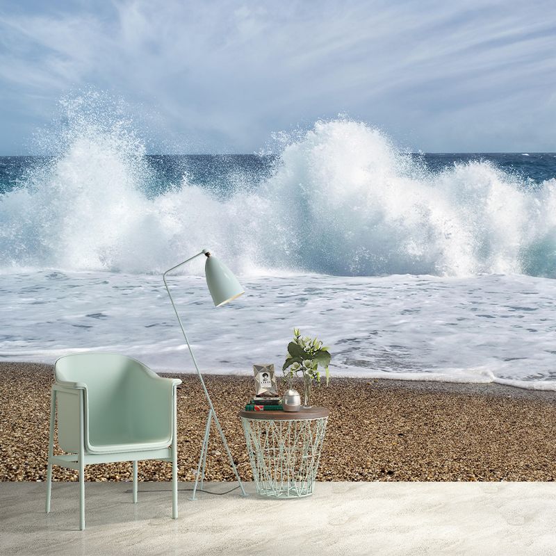 Photography Sea Mural Wallpaper for Sitting Room Wall Covering in Soft Color