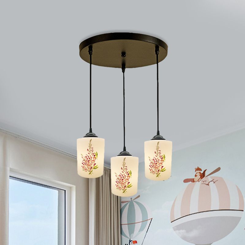 Witdruk Glas Zwart Multi Pendant Lamp Cilinder 3-Licht eetkamer Suspensie Licht met ronde/lineaire luifel