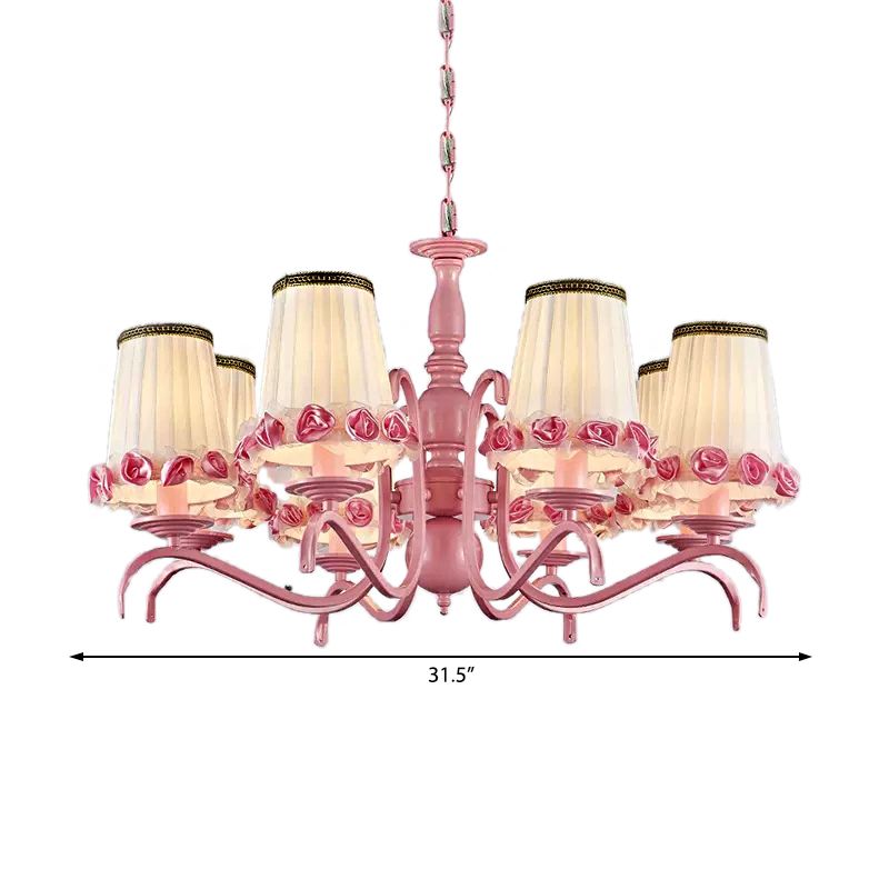 Hotel Fold Tapered Shade Chandelier with Flower Metal 8 Bulbs Modern Pink Hanging Light