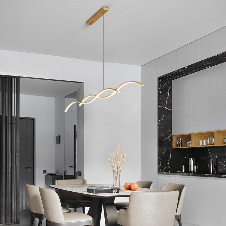 Minimalism LED Island Light Fixture Waves Copper Hanging Lamp for Dining Room