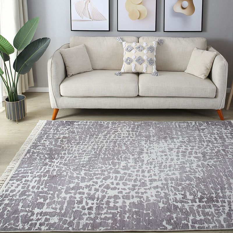 Stylish Grey Geometric Pattern Area Rug Polyester Fringe Area Carpet Stain Resistant Rug for Bedroom