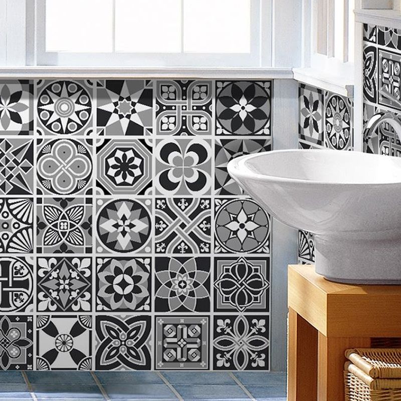 Mediterranean Petal Tiles Wallpaper Roll PVC Self Sticking Grey Wall Covering for Bathroom