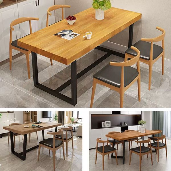 Rectangular Solid Wood Dining Table Modern Furniture with Steel Base for Kitchen