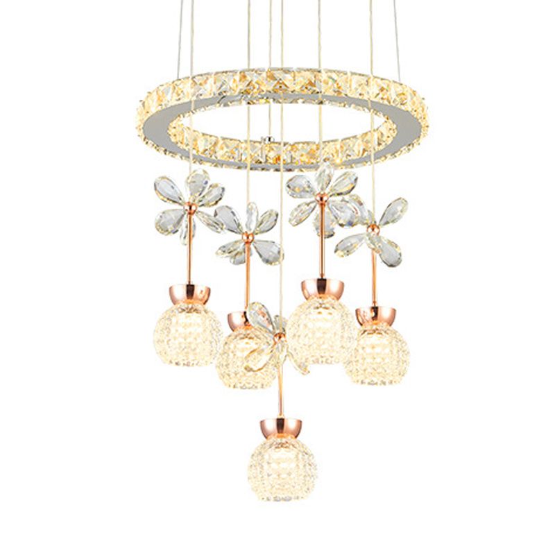 Chrome LED Hanging Lighting Modernist Clear Beveled Crystal Dome and Ring Pendulum Lamp with Flower Design