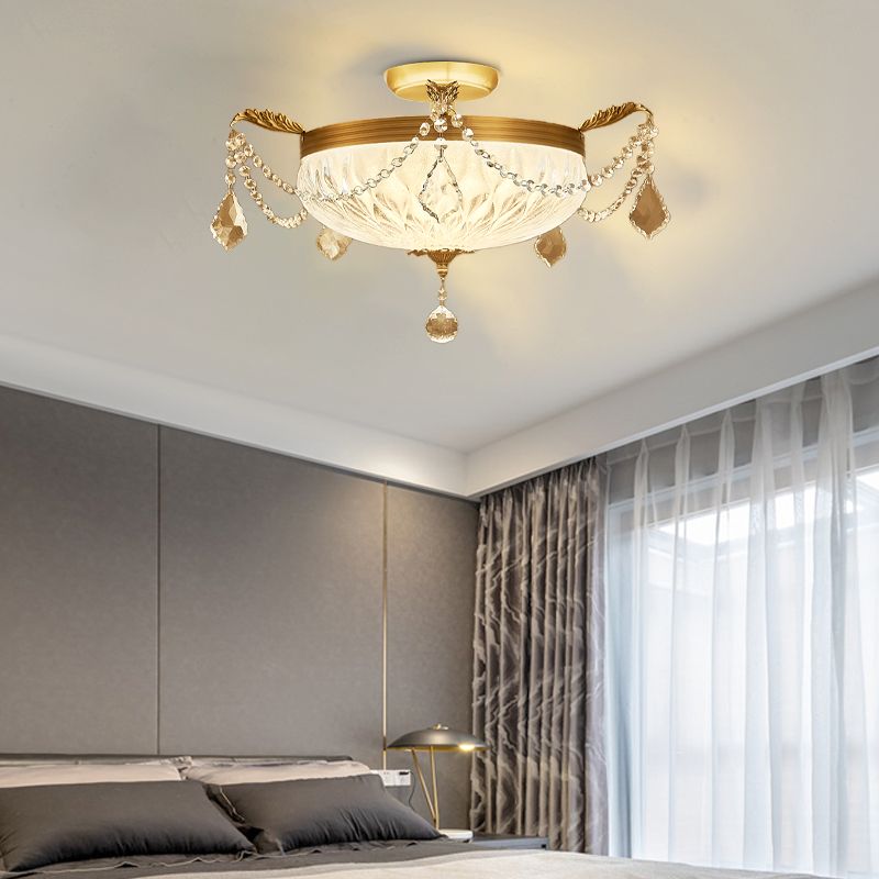 Brass Dome Ceiling Mounted Light Postmodern Crystal Semi Flush Light Fixture for Dining Room