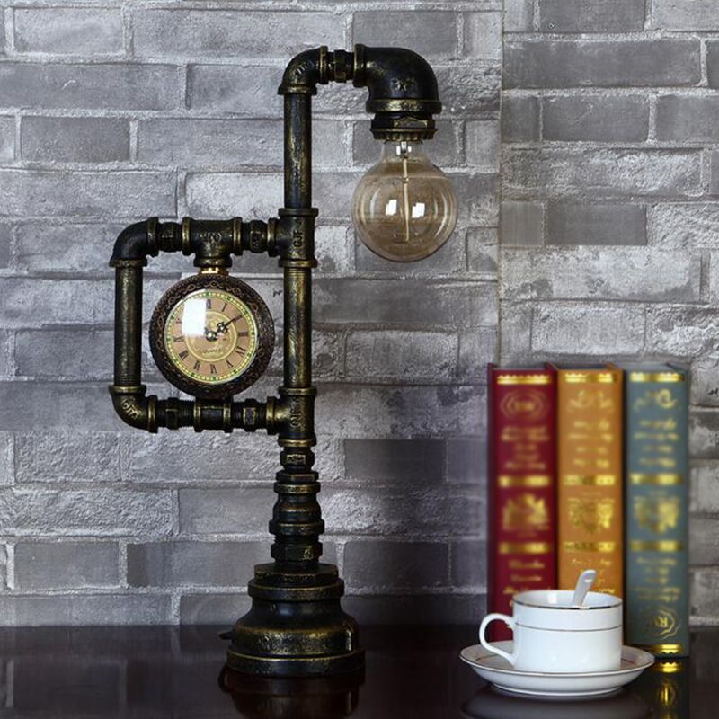 Pipa idraulico retrò luce notturna 1 illuminazione da tavolo da ferro con orologio in bronzo per camera da letto
