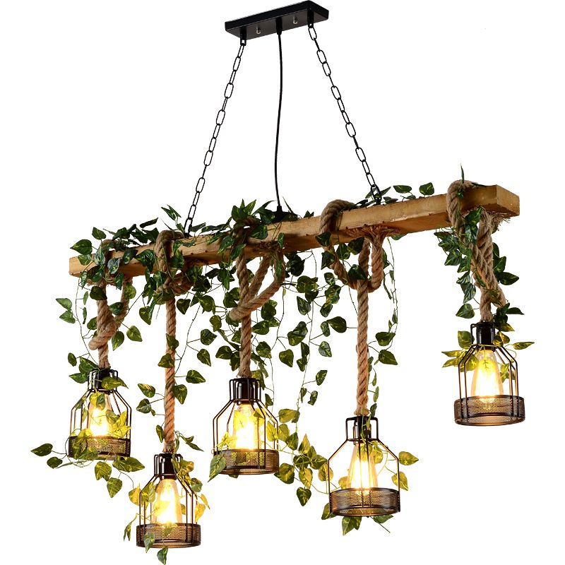 Island Pendant Light Industrial Style Linear Wood Hanging Chandelier Beige with Cage Shade
