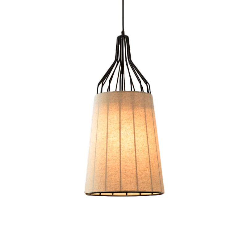 11 “/14” W Candelier de techo cónico vintage 3 luces Luz de suspensión de tela en negro/café/beige con marco de hierro