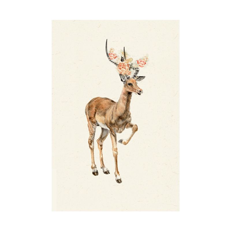 Farmhouse Deer with Flower Wrapped Canvas for Kids Bedroom Wall Art Decor in Brown