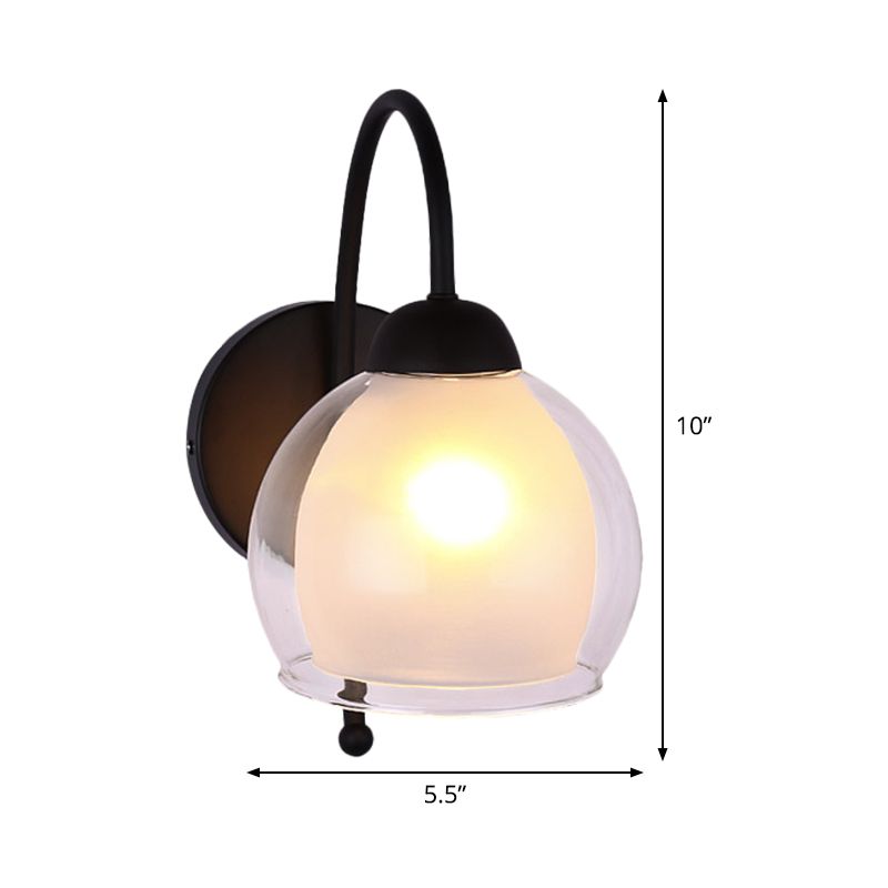 Modern Round Wall Lighting Frosted Glass 1 Head Sconce Light Fixture in Black with Metal Curvy Arm