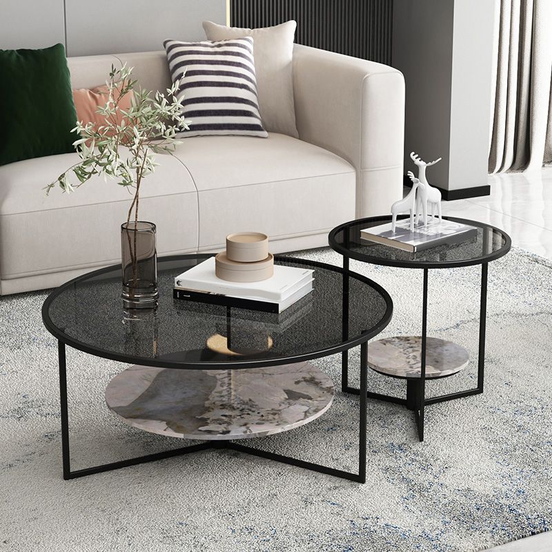 Contemporary Coffee Table Round Glass Top Cocktail Table with Storage