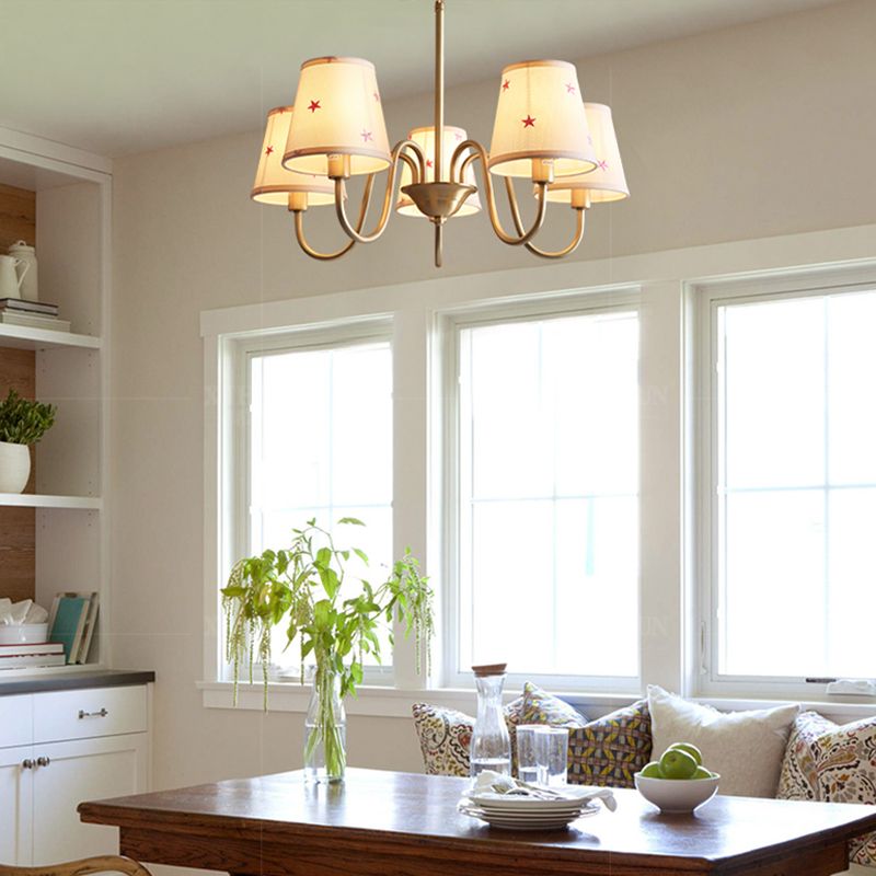 Traditional Style Chandelier Light Fabric Shade Brass Lighting Fixture for Living Room