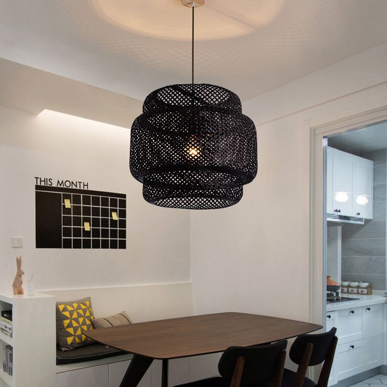 Lantern Bambus Rattan Form Anhänger Hängende Lampe Asien Stil 1 Licht hängende Deckenleuchte für Wohnzimmer