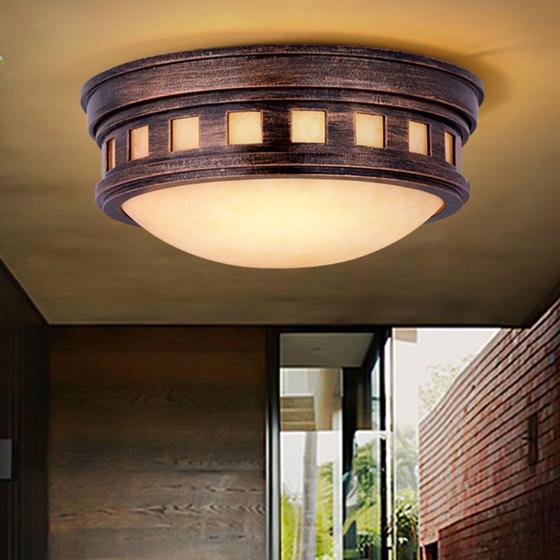 Drum Ceiling Flush Light Rustic Style Metal and Opal Glass Bronze/Gold Outdoor Flush Mount Light for Porch