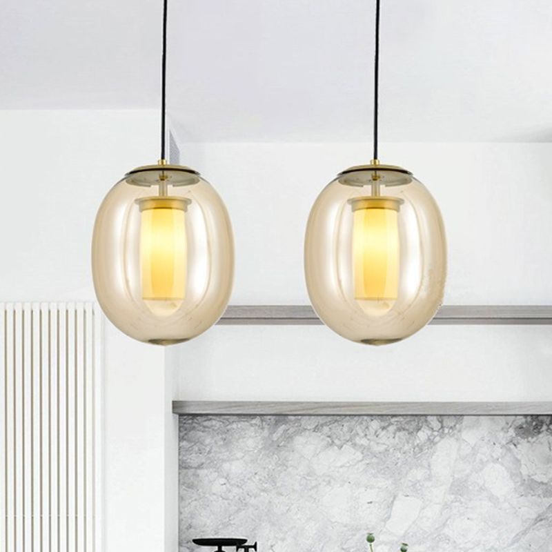 Luz de techo colgante ovalado de vidrio ámbar contemporáneo 1 cabeza 7 "/8.5" kit de lámpara colgante de oro