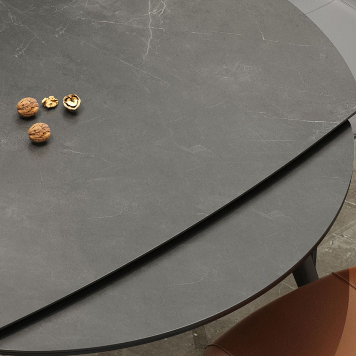 Round Extendable Dining Table Modern Stone Tabletop with Solid Wood Legs