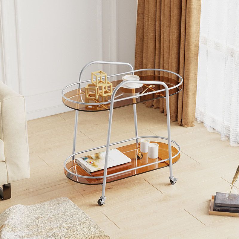 Modern Oval Glass Side Table End Table Metal Base Side Table with Shelf and Wheel